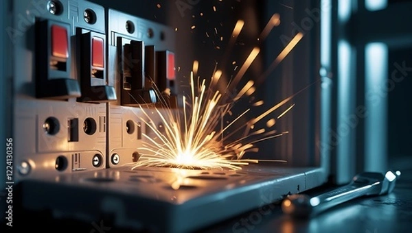 Fototapeta Malfunctioning circuit breaker panel with sparks, power surge, electrical hazards, and urgent repair needs

