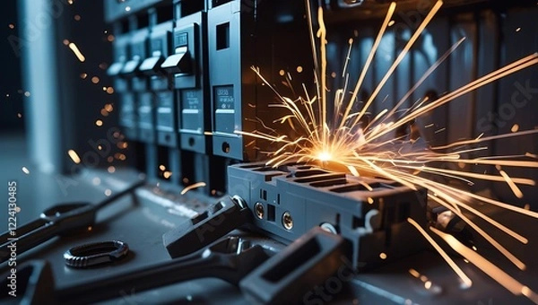 Fototapeta Malfunctioning circuit breaker panel with sparks, power surge, electrical hazards, and urgent repair needs

