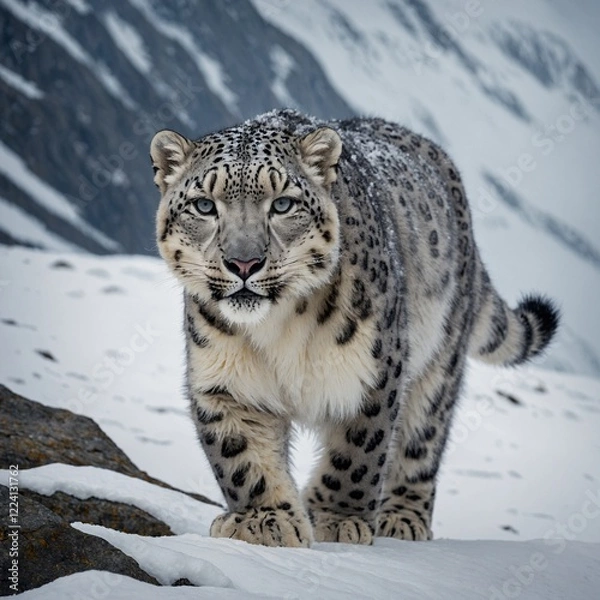 Fototapeta A snow leopard walking along the edge of a steep, icy ridge with snow blowing in the wind.