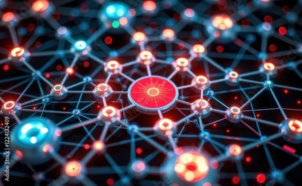 Fototapeta A vibrant 3D illustration of a molecular network with glowing blue and red nodes, symbolizing connectivity, innovation, and advanced technology concepts like AI, blockchain, and data structures.