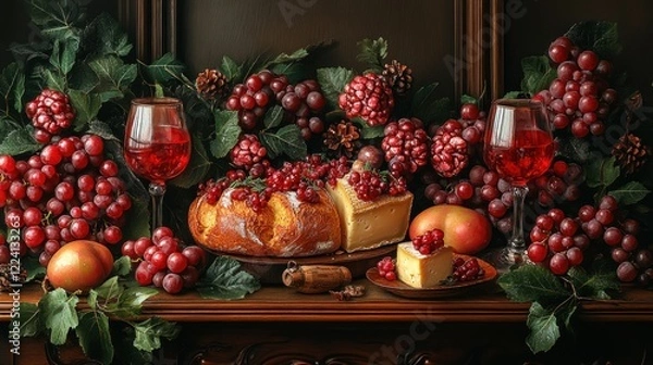 Fototapeta Still Life with Wine, Cheese, and Grapes: A Festive Autumnal Arrangement