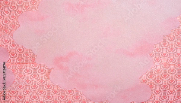 Fototapeta 淡いピンクの和紙の背景　和風の柄　日本画の雲の模様　ひな祭り・桃の節句・お祝いの背景素材　