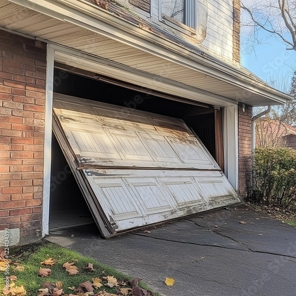Fototapeta A garage door that has gone off the rails and is in need of repair