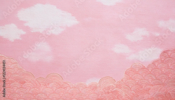 Fototapeta 淡いピンクの和紙の背景　和風の柄　日本画の雲の模様　ひな祭り・桃の節句・お祝いの背景素材　