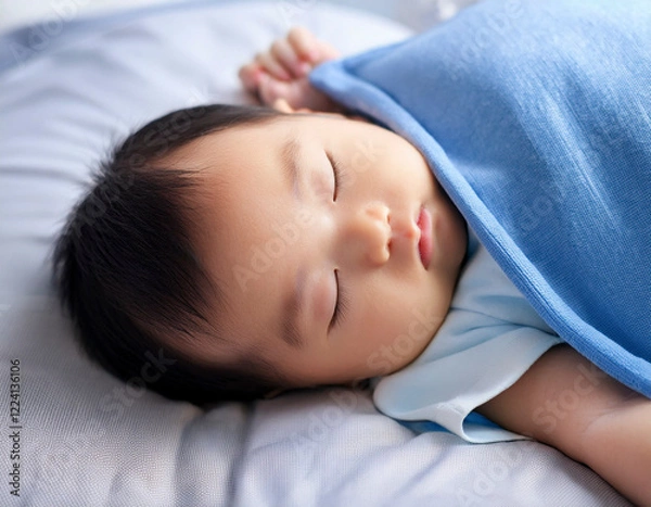 Fototapeta ベビーベッドに横たわり毛布をかけて眠る新生児の赤ちゃん　育児・成長・子育てのイメージ