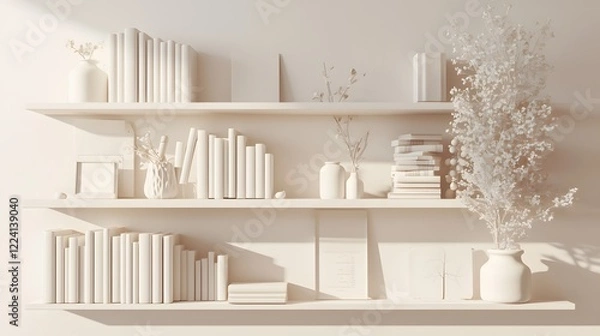 Fototapeta A white shelf arrangement with books and decor, showcasing a minimalist and clean interior design style