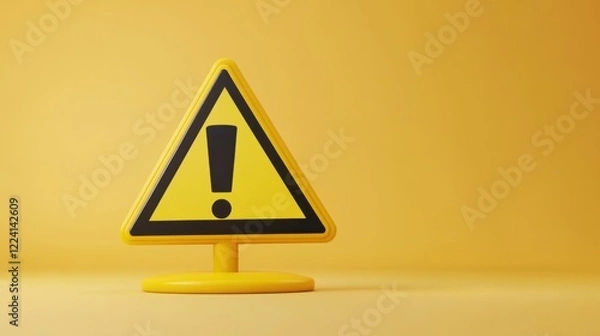 Fototapeta A 3D cartoon triangular warning sign with a bold black exclamation mark and yellow background, floating on a clean white surface