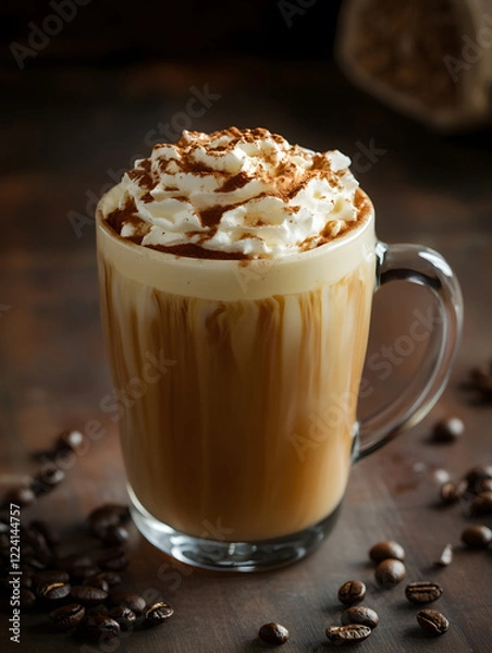 Fototapeta Rich and Creamy Latte with Whipped Cream and Cinnamon in a Glass Mug with Coffee Beans Decoration : Generative AI