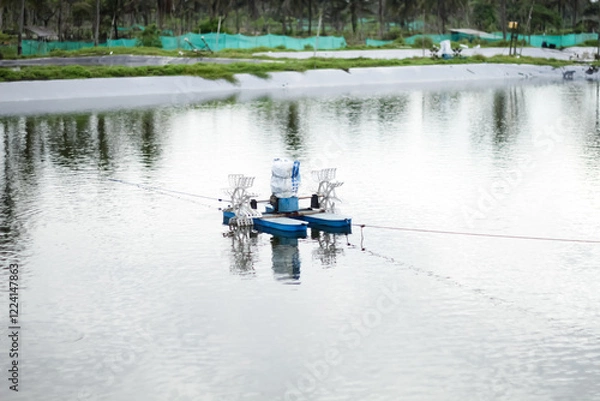 Fototapeta Photo of a waterwheel or aerator in a shrimp pond. A shrimp pond aerator or known as a water wheel is a tool that functions to increase oxygen levels in shrimp pond water.