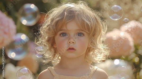 Fototapeta Toddler playing with bubbles in garden