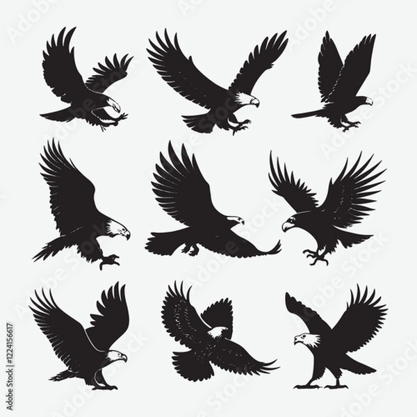 Fototapeta Discover a stunning collection of eagle silhouette vectors in clean black on a white background. Perfect for logos, apparel, and graphic projects