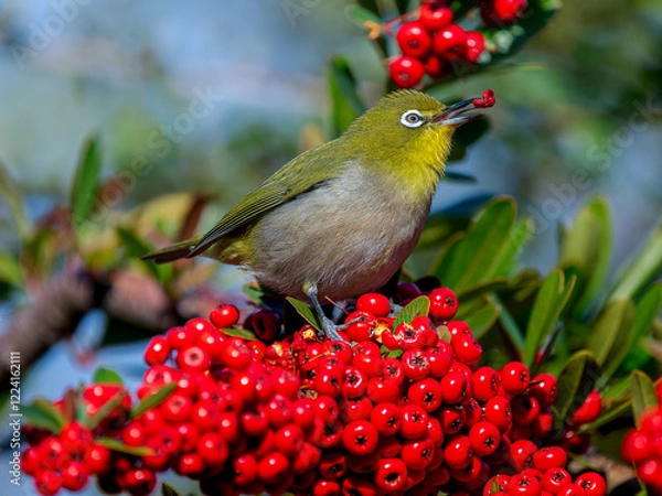 Fototapeta ピラカンサとメジロ