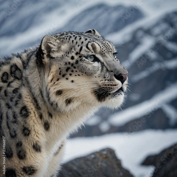 Fototapeta A snow leopard’s elegant profile set against a backdrop of jagged, snowy cliffs.