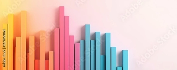 Fototapeta A vibrant, colorful bar graph displays data trends, showcasing varying heights in pink, orange, and blue against a soft background.
