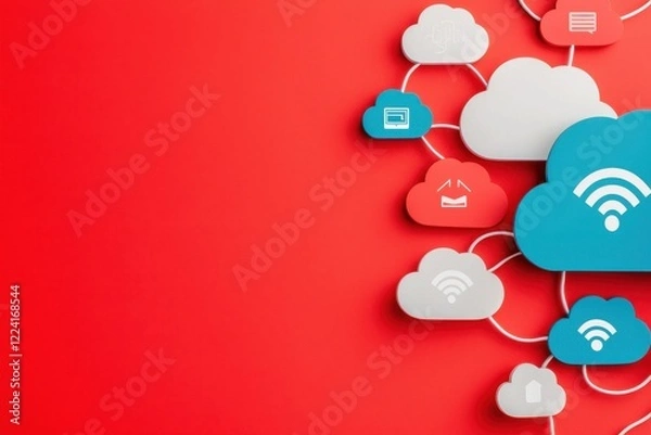 Fototapeta The image features cloud icons in various colors and designs, interconnected with network lines against a vibrant red background.