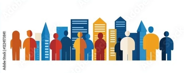 Fototapeta A colorful illustration of diverse people standing in front of a city skyline, symbolizing community and urban life.