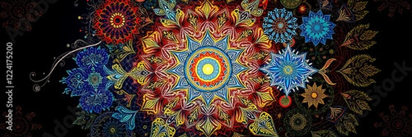 Fototapeta A dynamic kaleidoscope filled with intricate shapes, colors, and patterns symbolizing the beauty and complexity of diverse cultures coming together.

