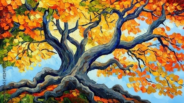 Fototapeta Colorful Autumn Tree with Vibrant Leaves and Artistic Brush Strokes