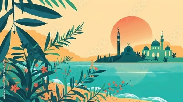 Fototapeta A cultural Ramadan Karim poster from Tunisia, featuring Mediterranean elements like the sea, a mosque silhouette, and olive branches, with a bright and inviting color palette.