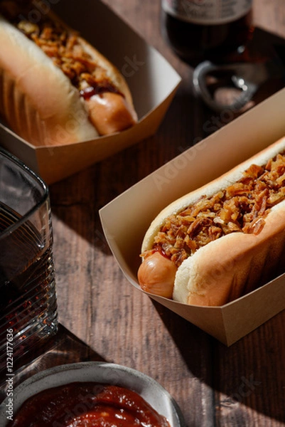 Obraz Crispy onion hot dogs with ketchup and soda. Fast food.