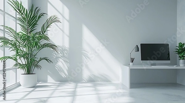 Fototapeta Minimalist bright home office with sunlight, plants, and computer.
