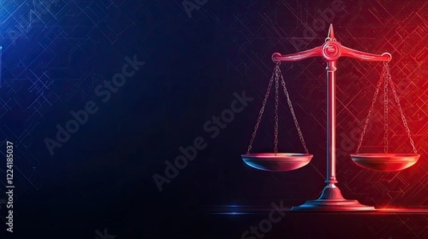 Fototapeta A modern, digital representation of a balanced scale, symbolizing justice and law against a dark blue and red background.