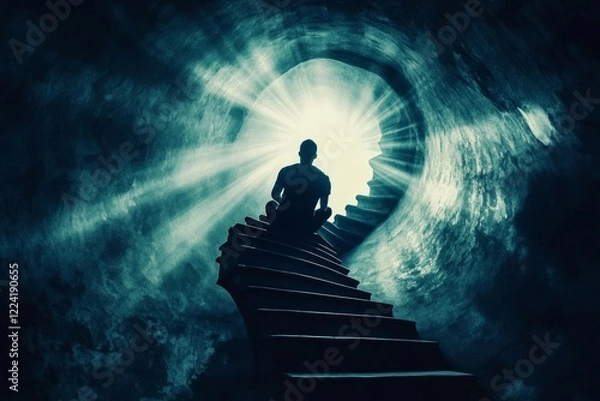 Fototapeta A man is sitting on a staircase in a dark tunnel