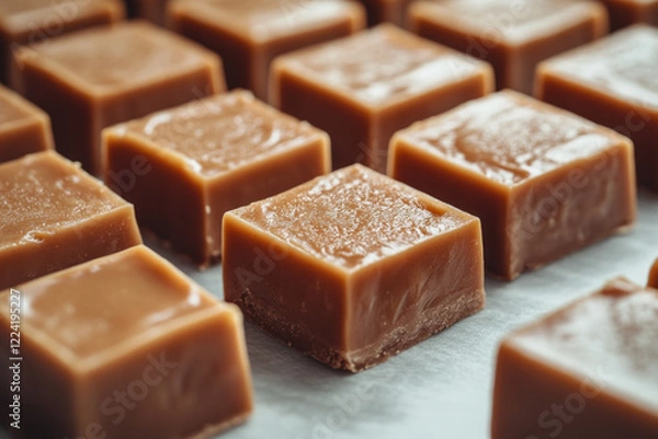 Fototapeta Close-up of a chocolate bar with rich, smooth layers and glossy finish, surrounded by a sprinkling of cocoa powder on a marble countertop.