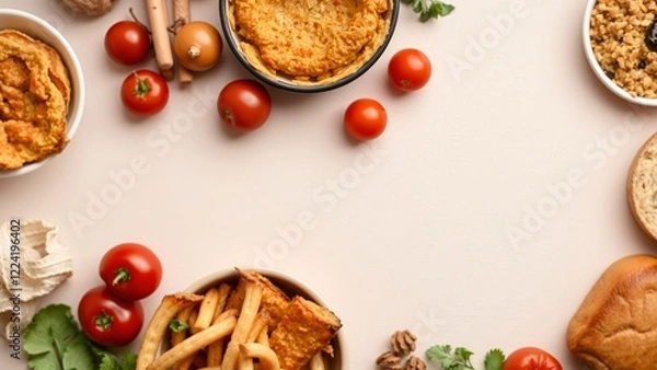 Obraz Delicious Food Frame with Hummus, French Fries, Bread, and Tomatoes on Beige Background