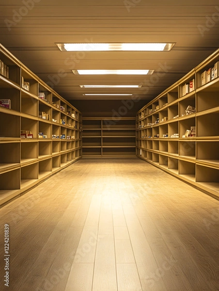 Fototapeta Modern Minimalist Library Aisle with Endless Wooden Shelves and Bright Lighting : Generative AI