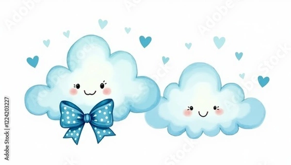 Fototapeta Two Cute Cartoon Clouds with a Blue Bow 