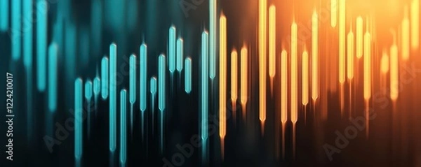 Fototapeta A vibrant digital audio waveform with vertical lines in blue, orange, and yellow, representing sound frequencies and energy.