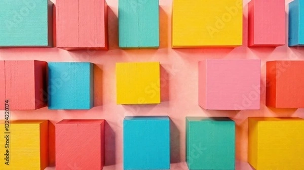 Fototapeta Brightly Colored Wooden Cubes Arranged in a Repeating Pattern on a Soft Pink Background