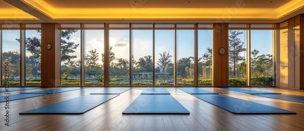 Fototapeta Yoga studio with blue mats and large windows overlooking a garden at sunset with warm light