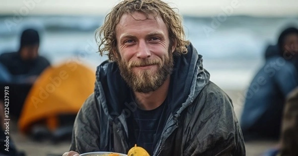 Obraz A homeless man smiles while enjoying a warm meal on the beach, surrounded by a supportive community. His backpack hints at a nomadic lifestyle, embodying resilience and hope despite hardships