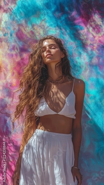 Fototapeta Young Woman Posing Gracefully Against Colorful Abstract Background