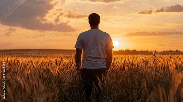 Fototapeta Man Silhouetted Against a Vibrant Sunset Over a Golden Wheat Field