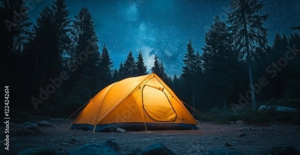 Fototapeta A small yellow tent is set up in a forest at night