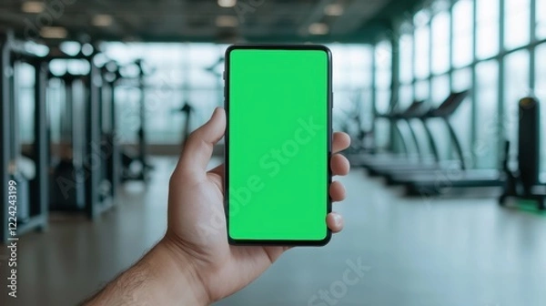Fototapeta Person Holding Smartphone with Green Screen in Modern Gym