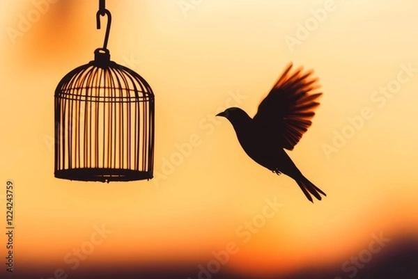 Fototapeta close up of free space for text with a bird cage and a fleeing bird.