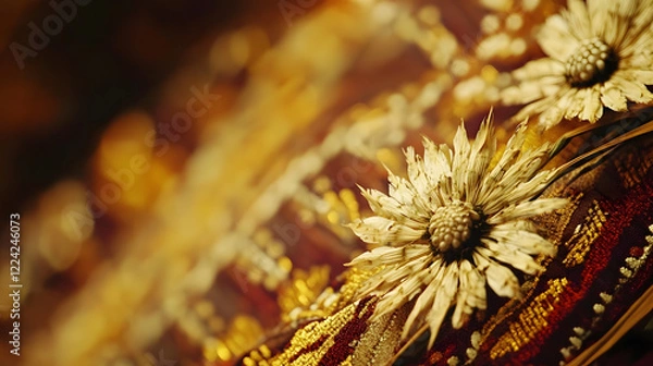 Obraz Close-Up of Delicate Dried Flowers on Luxurious Ornate Fabric Background : Generative AI