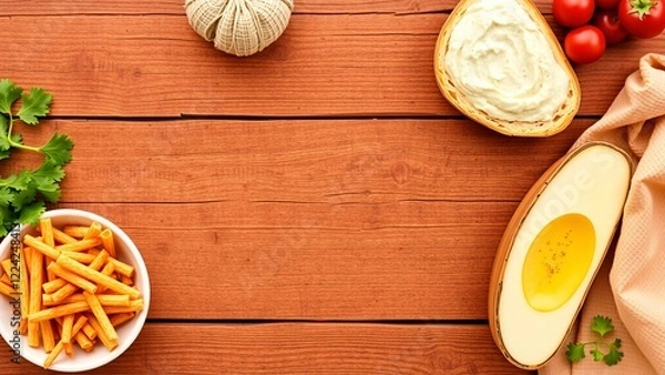 Obraz Flat Lay of Delicious Food and Drinks on Wooden Table with Copy Space