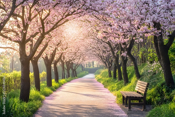 Fototapeta 桜並木とベンチの美しい風景