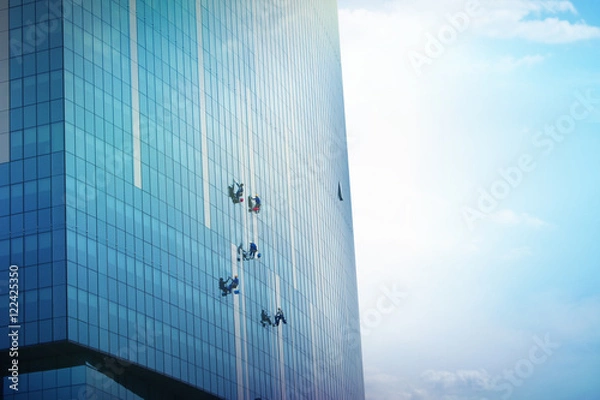 Fototapeta A Team Of Climbing Workers Clean the Windows on Skyscraper