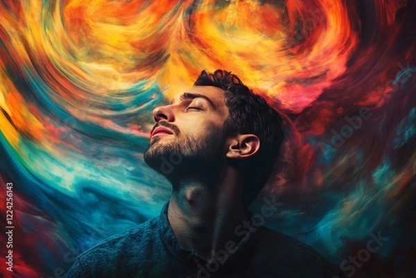 Fototapeta Vibrant Abstract Portrait of a Man Immersed in Colorful Swirling Paints and Textures