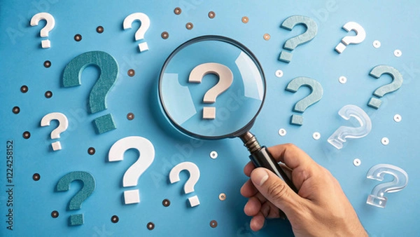 Fototapeta magnifying glass zooms in on a question mark, surrounded by numerous Question Mark and Root Cause Analysis Concept other question marks on a blue backdrop."