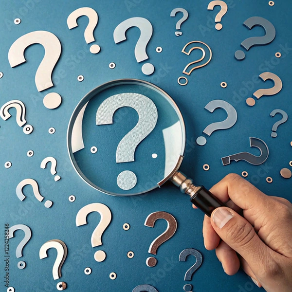 Fototapeta magnifying glass zooms in on a question mark, surrounded by numerous Question Mark and Root Cause Analysis Concept other question marks on a blue backdrop."