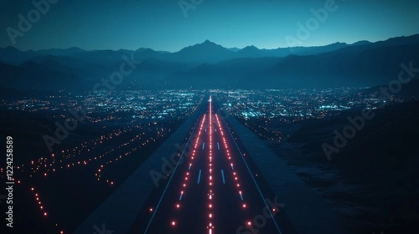 Fototapeta Night view of a busy airport runway with city lights and mountains in the background