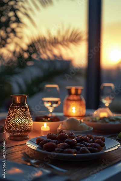 Fototapeta Ramadan iftar breaking fast with dates and water. Arabic lantern on the table. Dinner in the restaurant