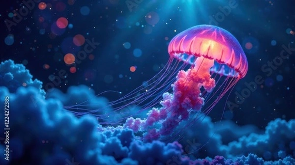 Fototapeta Mesmerizing bioluminescent jellyfish gracefully floats amidst an ethereal underwater landscape, its vibrant tentacles trailing in the luminous currents.